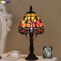 FUMAT stained glass table lamp dragonfly tiffany desk light grape leaf dia 6 inch handicraft home decor e14 LED lamps lighting
