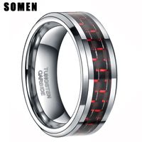 Anillos de boda 8 mm Polished Men's Tungsten Carbide Ring Fibra de carbono Rojo Conocimiento Banda Macho Joyas Anel Anillos Bagueweddingwedd