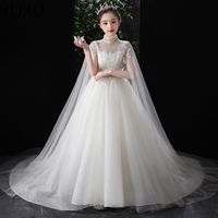 Cute Princess Lace Tulle Flower Girl Dresses For Country Garden Weddings Sheer Long train Appliques Big Bow Sash Back Girls Formal Birthday Party gowns