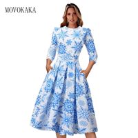 Movokaka Year Dress Women Christmas Blue Snowflake Print O-Neck 캐주얼 멍청이 ES 파티 우아한 슬림 미디 220426
