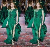 2022 Collection Dark Green Evening Dresses Long Sleeve Crew Neck Chiffon Sweep Train Formal Occasion Prom Event Party Dress