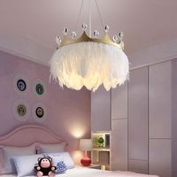 Modern White Feather Chandelier Lamp Gold Crown Crystal Chandelier Nordic Fashion Girl Room Lights LED Decorative Light