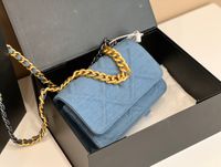 bolso de hombro para mujeres bolso de bolso bolso bolsos cluth marca de alta calidad clásica caja de regalo de cuero de cuero genuino tamaño de cadena de oro woc 19cm azul vaquero azul