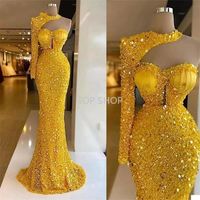 Glitter Yellow One Shoulder Beads Sequined Formal Long Prom Dress 2022 Dubai Arabic Robe De Soiree Party Evening Gowns Custom Made CC