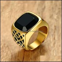 Men Square Black Carnelian Semi-Precious Stone Signet Ring In Gold Tone Stainless Steel For Male Jewelry Anillos Accessories Drop Delivery 2