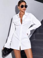 Lässige Kleider Mode Romantische Sommer Sexy Flare Slim Elegante Mittellange Revers Weiße Hemd Kleid Frauen Feste Langarm Vestid