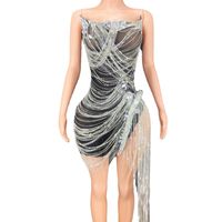 Stage Wear See Through Sparkly Rhinestones Fringes Mesh Dress Women Celebrate Birthday Evening Gown Prom Outfit Sexy Show WearStage