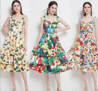 Moda Tasarımcısı Pist Elbise Bahar Kadın Spagetti Kayışı Backless Çiçek Baskı Balo Cascading Fırfır Plaj