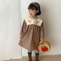 Girl's Dresses Retro Style Kids For Toddler Girls Long Sleeve Costume Cute Embroidery Collar Cotton Clothes Plaid Dress 2022 Autumn