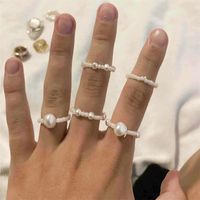 Cute White Beaded Imitation Pearl Adjustable Rope Chain Ring For Women Irregular Geometric Rings Set