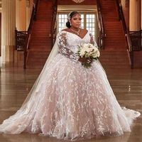 Luxury Plus Size Ball Gown Wedding Dress Long Sleeve V-Neck Lace Wedding Gowns Champagne Lining Beaded Church Bridal Dresses Custom Made 2022 Robe De Mariee