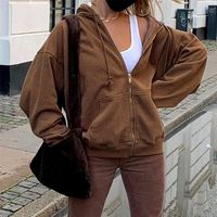 여자 브라운 지퍼 업 스웨트 셔츠 재킷 가을 겨울 대형 긴 소매 후드 빈티지 느슨한 포켓 풀 오버의 옷 220817