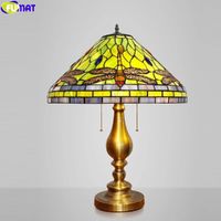 FUMAT Green Dragonfly Tiffany Table Lamp Stained Glass Desk Light Alloy Gold Handicraft Home Decor Lighting Arts Fixture LED E27