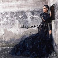 Black Mermaid Lace Wedding Dresses With Long Sleeves High Neck Ruffles Skirt Women Non White gothic lds Bridal Gowns With Color Co315i