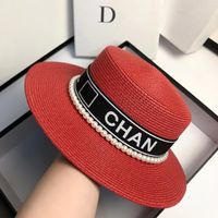 2022 Designer Straw Hat Letter Cap boné Feminino Primavera e Verão Versátil Letras de Pearl Capinho Japonês Japão Large Chapéus de Praia de Proteção da Brod