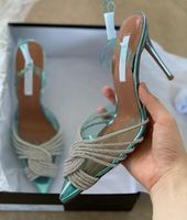 Designer Aquazzura High Heel PVC Pumps Women Sandals Stiletto Heels Green Rhinestones Shiny Summer Luxury Designer Dress Wedding Shoes With Box NO361