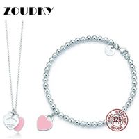 DORAPANG Heart Shaped Bracelet & Necklace 100% 925 Sterling Silver Pink Pendant Simple Design For Women Elegant Gift Jewelry237p
