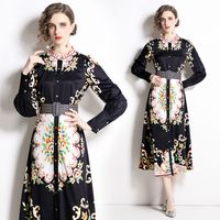 Baroque Print Black Vintage Shirt Dress Woman Designer Long Sleeve Mock Neck Runway Slim A-Line Party Dresses 2022 Spring Autumn Casual Loos