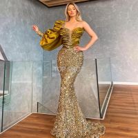 2022 Gold à manches longues Gold Pouaded Sirène Robes de soirée Robes pour femme Party de vêtements de nuit plus taille Abendkleider
