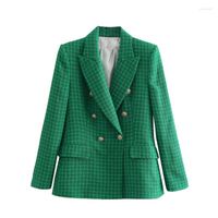 Женские костюмы Blazers Женский Джекеер Винтажный Клетчатый пальто зеленое длинное рукав верхний рукав с двойной грудью дамский пиджак элегантный с карманом