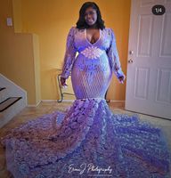Vestidos de prom Play Tize de lila más personalizados para mujeres 2022 CRISTAL AFRICANDO AFRICANAS NEGRAS NEGRAS MERRAIDA Vestido de noche Lace Applique Mangas largas Vestidos de fiesta