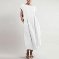 Sıradan Elbiseler Pamuk Kısa Kollu Kadınlar Elbise A-Line O-Neck Gevşek Bel Cep Orta Kalf Lady Plus Boyut 5xl