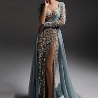 Pale Dusty Blue High Split Mermaid Evening Dresses Gowns 2022 Beaded Luxury Elegant For Woman Party prom gown