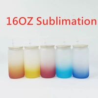 16oz Sublimation Gradient Glass Tumbler Blanker gefrosteter Brille Flasche Mason Jar Cola Den Becher mit Bambusdeckel 5 Farben