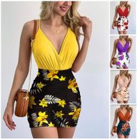 Summer Sexy Two Piece Dress Set Wome Fashion V-neck Sleeveless Suspender Top Floral Print Tight Skirt Suit Women