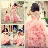 Kız Elbiseleri Varış Pembe Çocuklar Çiçek Kız Bow Sash Boncuk Axtiques Tül Balo Gown Düğünler için 20222Girl's