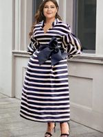 플러스 사이즈 드레스 우아한 여성 줄무늬 프린트 드레스 허리 벨트 푹신한 긴 슬리브 스탠드 넥 포켓 생일 파티 이벤트 로브 2022