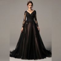 Floral Gothic Black Long Sleeves wedding dresses 2022 Sexy V-Neck Lace Beaded lace-up corset bridal gowns Plus Size Open Back Vestidos