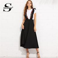 Sheinside High Waist Zip Back Flare Skirt with Embroidered Strap Black Long Skirts For Women 2019 Elegant A Line Midi Skirt215Y