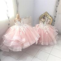 Pink Lace 2021 Flower Girl Dresses Sheer Neck Tiers Ball Gown Little Girl Wedding Dresses Cheap Communion Pageant Dresses Gowns ZJ239s