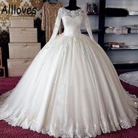 Gorgeous Saudi Arabia Ball Gown Wedding Dresses With Long Sleeves Lace Puffy Skirt Formal Bridal Gowns Lace-up Back Sequins Beaded Plus Size Vestidos De Novia AL0433