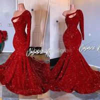 2022 Red One Shoulder Sequins Mermaid Long Prom Dresses Long Sleeve Ruched Evening Gown Plus Size Formal Party Wear Gowns BC3613 B238o