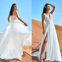 Beach Boho Wedding Dress Sexy Backless Lace Appliques V-Neck Bridal Gowns Split Side