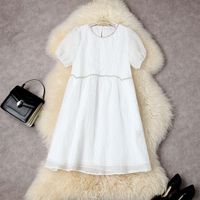 2022 Summer Short Sleeve Round Neck White Solid Color Panelled Rhinestone Loose Knee-Length Dress Elegant Casual Dresses 22L256001