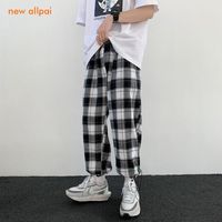 Preppy Style Plaid Pants Mens Spring Fashion Drawstring Casual Korean Hip Hop Loose Straight Men Retro