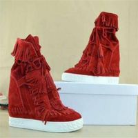 selling Suede Fringed High Top wedge woman shoes round toe height increasing lace up tassel boots ankle boots 2019314O