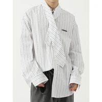 Men's Casual Shirts Man Loose Long Sleeve Tie Collar Strip Shirt Men Korean Fashion Streetwear Oversize Tops Male Blouse