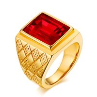 Cluster Rings Big Square Ruby Red Gemstones For Men Gold Color Titanium Stainless Steel Jewelry Bague Bijoux Masculine Finger Accessory