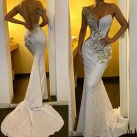 Sexy Bling White Sequined Gold Lace Appliques Mermaid Prom Dresses Sequins One Shoulder Sheer Back Cutaway Sides Formal Evening Gowns Wear