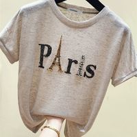 Ins Short Sleeve Paris Eiffel Tower Beaded Tshirt Summer Women Shinny Cotton O Necks Loose Casual Girls Tops Tees T13115X 220427