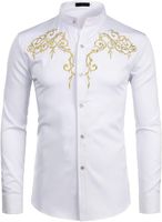 Men' s Floral Embroidery Slim Fit Long Sleeve Band Colla...
