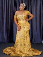 Party Dresses Gold Aso Ebi Mermaid Evening Gowns Plus Size Short Cap Sleeves With Train Zipper Back Custom Made Prom