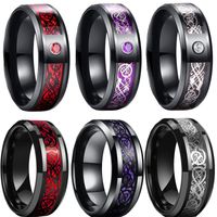 Anéis de casamento de 8mm de 8mm de tungstênio preto carboneto dragão incrustado anel de fibra de carbono de zircão vermelho para homens banda atacado.