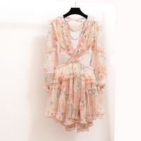 Casual Dresses Australian Sexy Open Back Cross Dress V-Neck Lace Up Lantern Sleeve Floral Snow Spinning Holiday