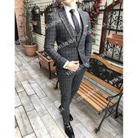 Men' s Suits & Blazers Tailor- Made Grey Plaid Groom Wear...