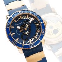 10 스타일의 남성 합병증 시계 자동 움직임 날짜 로즈 골드 스틸 케이스 빛나는 블루 스포츠 고무 스트랩 손목 시계
